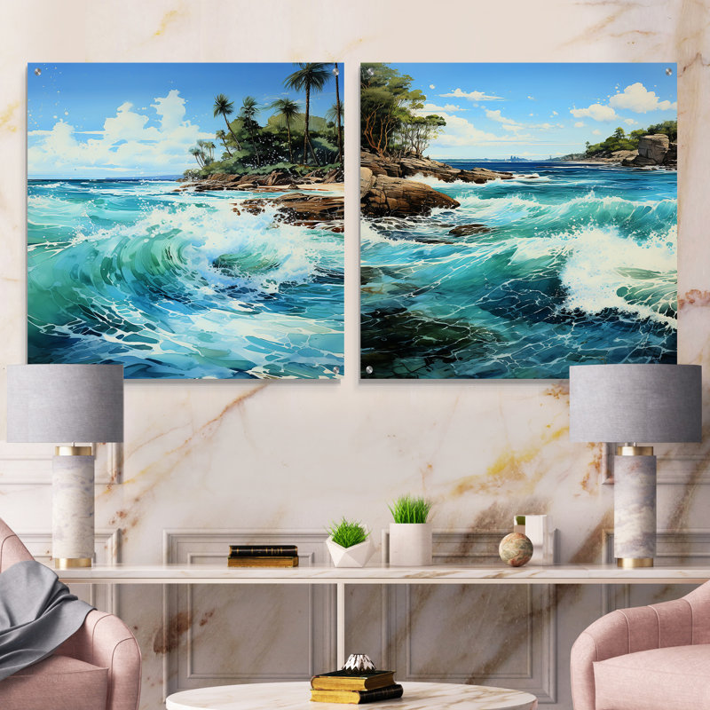 «Azure Seascape Palms Horizon» - ensemble de 2 verres muraux en acrylique, H 36 po x l 73 po