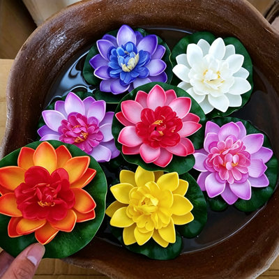 Ensemble de 8 lotus en mousse flottante artificielle avec nénuphar, ornement floral réaliste de 3,94 po pour la décoration d'un étang de jardin, couleur mélangée