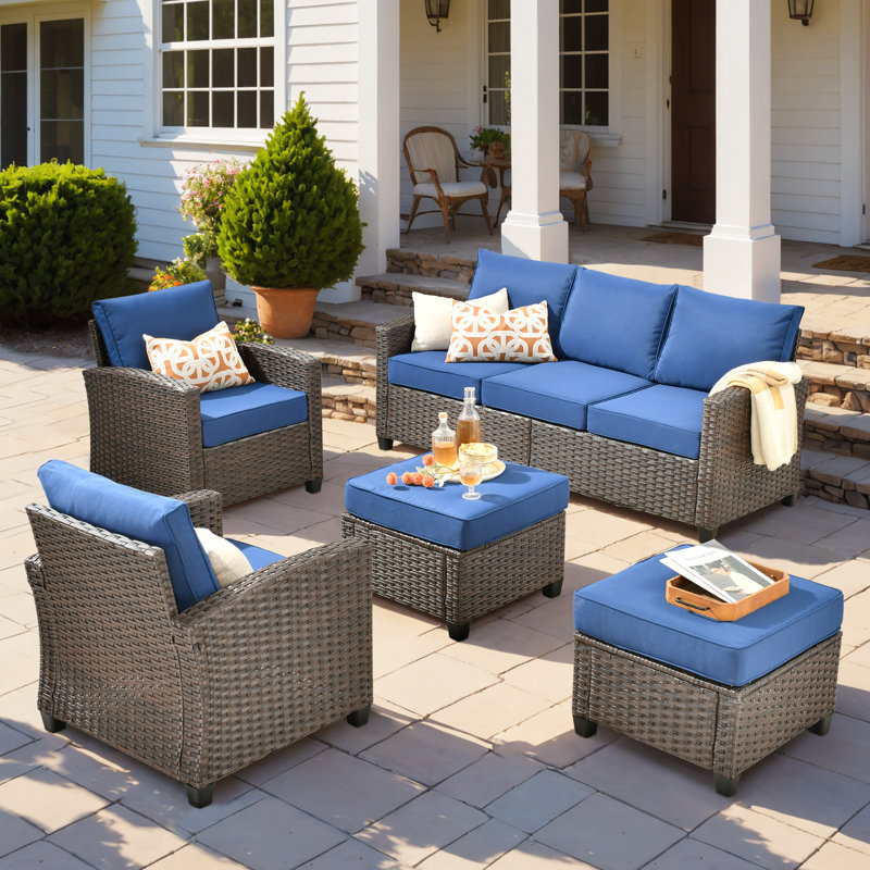 7 - Person Outdoor Seating Group With Cushions, No, Navy