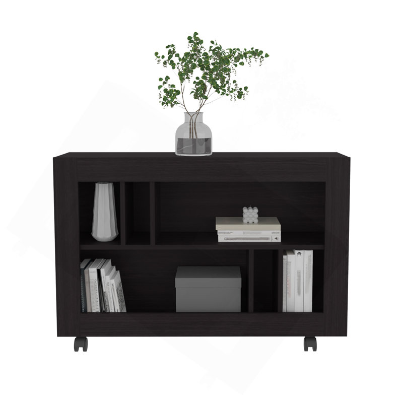 Chariot à console de 37,4 po de largeur avec six tablettes, roulettes, table de vestibule, table d'appoint, table de salon, wengé noir pour le salon