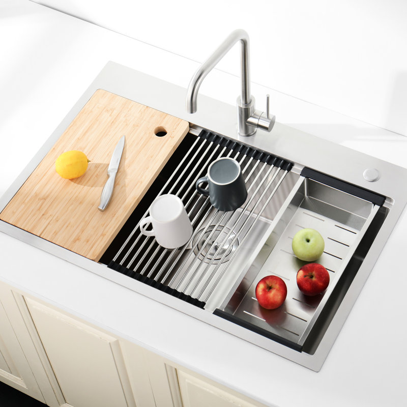 Évier de cuisine en acier inoxydable 30 po x 22 po, sur comptoir à simple cuve, merveilleuse finition brossée, avec planche à découper, passoire et évier à teinture 304, coins arrondis élégants