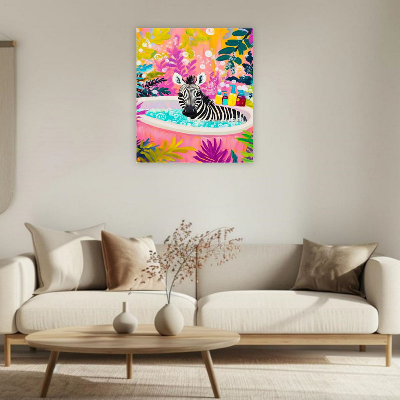 «Vibrant Zebra In Floral Floral Bath», art mural en toile non encadrée 24 po x 36 po