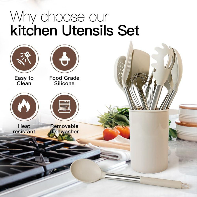 Khaki Non-Stick Silicone and Stainless Steel 33-Piece Cooking Utensils Set