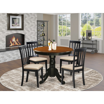 Ensemble de table de salle à manger 5 pièces pour 4 personnes comprenant une table de cuisine ronde avec piédestal et 4 chaises de salle à manger en tissu de lin, 36 po x 36 po, noir et cerise