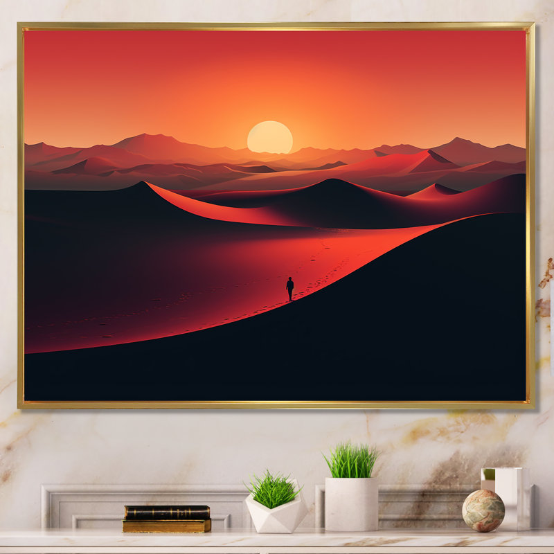 Marcher dans le désert du Sahara au coucher du soleil IV - désert, art mural, Cadre flottant doré, H 16 po x l 32 po x P 1 po