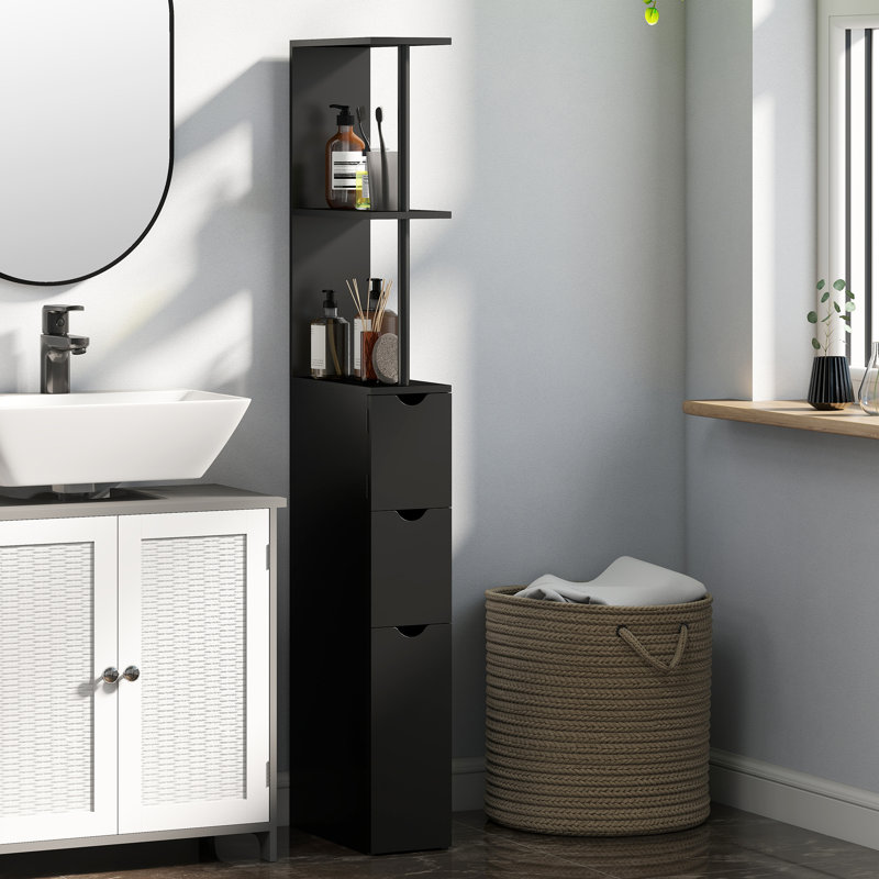 Armoire de salle de bain étroite avec tiroir, tablettes ouvertes, noir