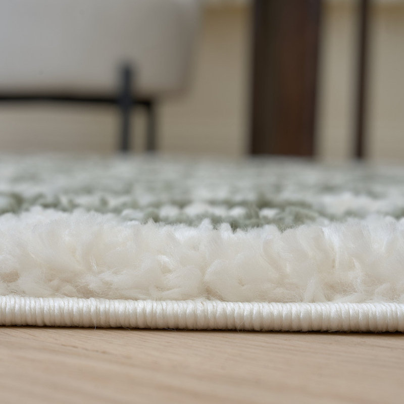Moodi Modern Shaggy Area Rug Checkered Design, Round 120 cm, Off-White/Green