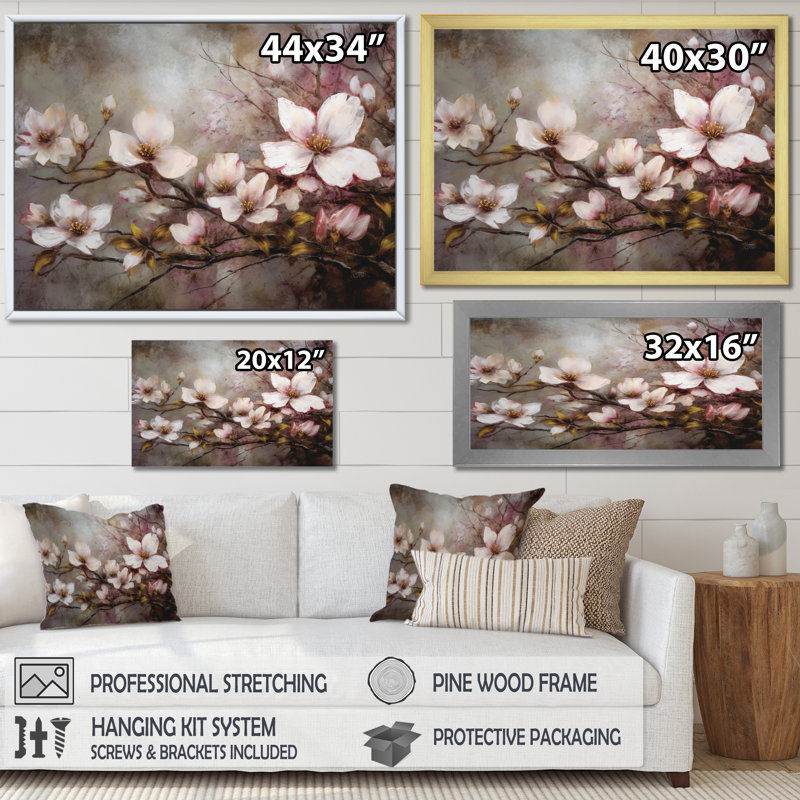 Dogwood rose gris Elegance III Dogwood rose gris Elegance III sur toile, H 30 po x l 40 po x P 1,5 po, Encadrement doré