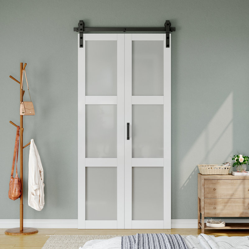 Glass and Solid Manufactured Wood Sliding Bi-Fold Barn Door with Installation Hardware Kit, 40" x 84"