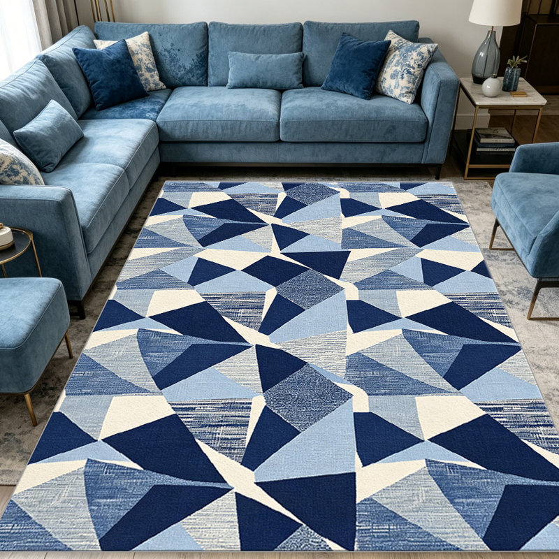 Navy and Blue Geometric Triangles carpet-easy to clean, machine-washable, soft and comfortable; suitable for door mats, kitchens, living rooms, bedrooms, corridors, and laundry areas. Easy to clean, durable carpet for home decoration.