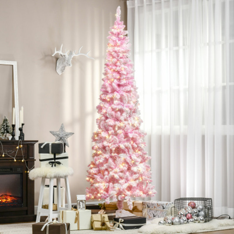 Arbre de Noël artificiel enneigé 7,5 pi avec forme de crayon, branches de pin réalistes, lumières DEL blanc chaud, ouverture automatique, rose et blanc