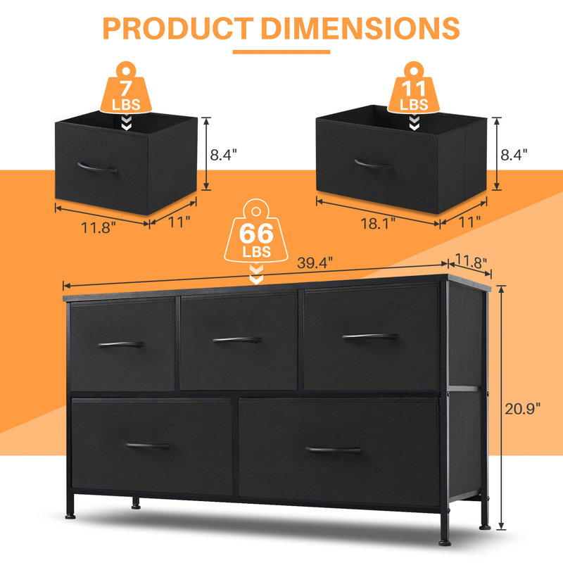 Commode de chambre avec 5 tiroirs Atre, Noir