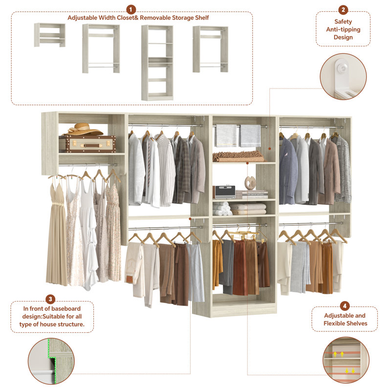 119.4" W Walk In Closet System with Shelf, Washed Oak