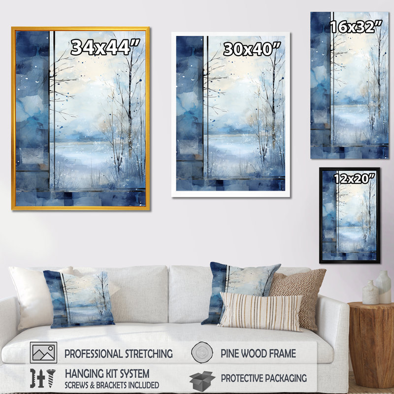 «White and Blue Winter Forest Collage VI», art mural paysage d'hiver, H 44 po x l 34 po x P 1,5 po, Cadre simple noir