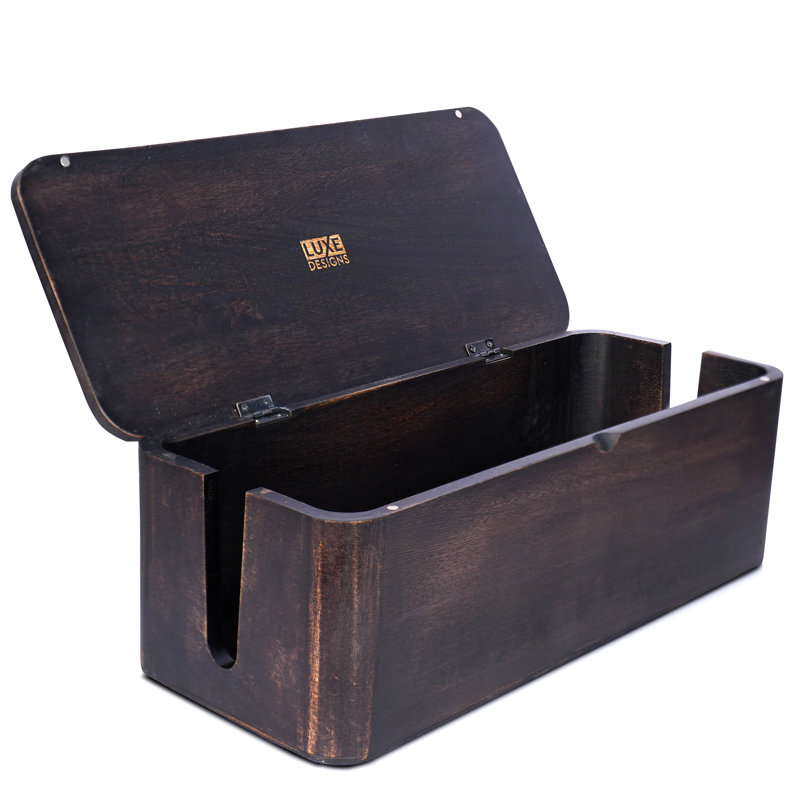 FarmHouse Handcrafted Mango Wood Cable Management Box with Magnetic Closure, Distressed Grey