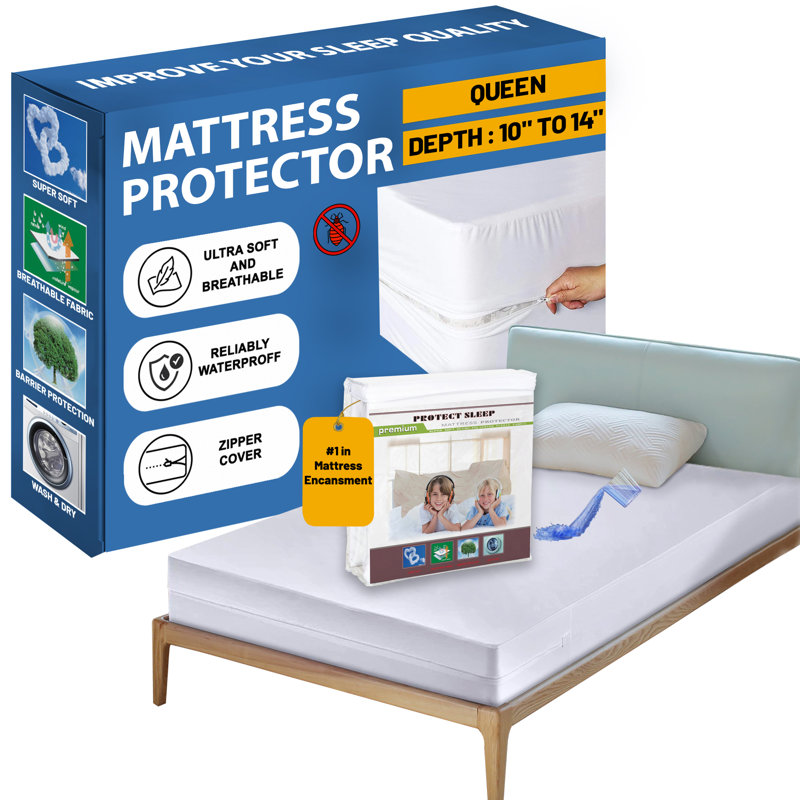 Zippered Waterproof Mattress Protector with Terry on Top, Breathable, Comfortable, Machine-Washable, Queen