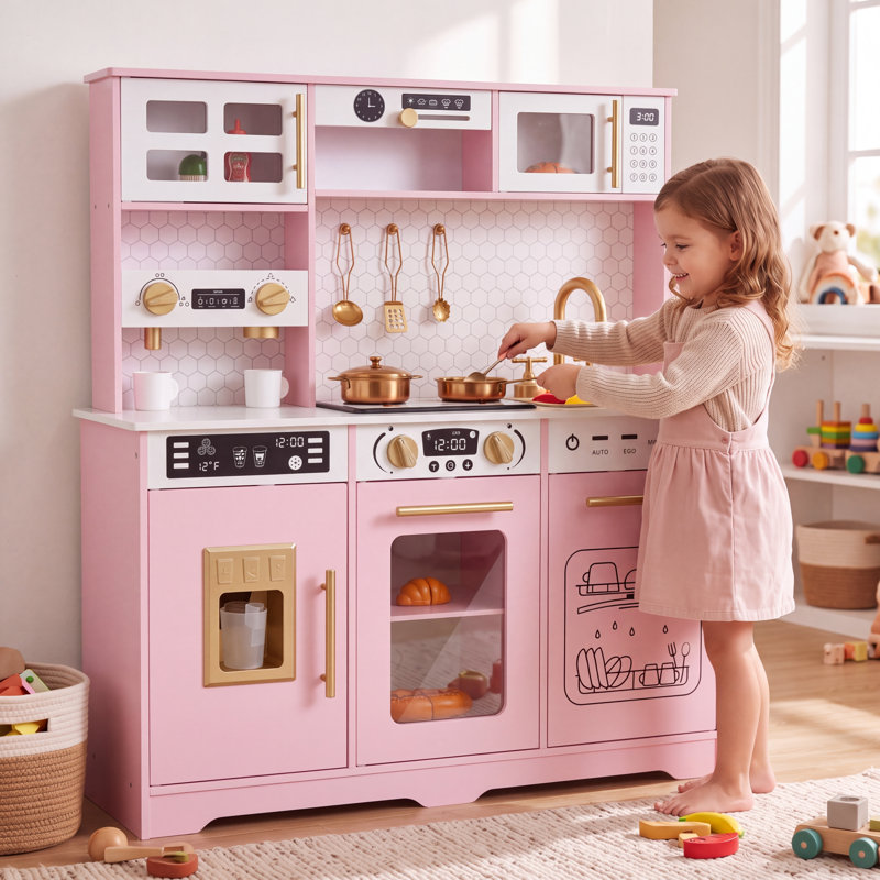 Cuisine en bois pour enfants avec lumières et sons, cuisine de jeu d'imitation avec accessoires pour les tout-petits de 3 à 8 ans