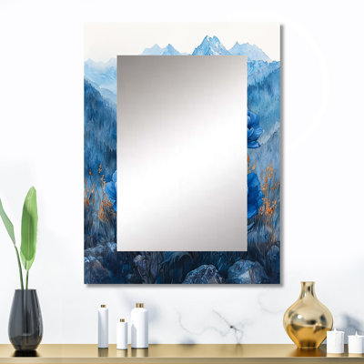Pivoines bleues sur un sommet de montagne II - miroir décoratif pivoines, miroir mural traditionnel, impression d'art en métal