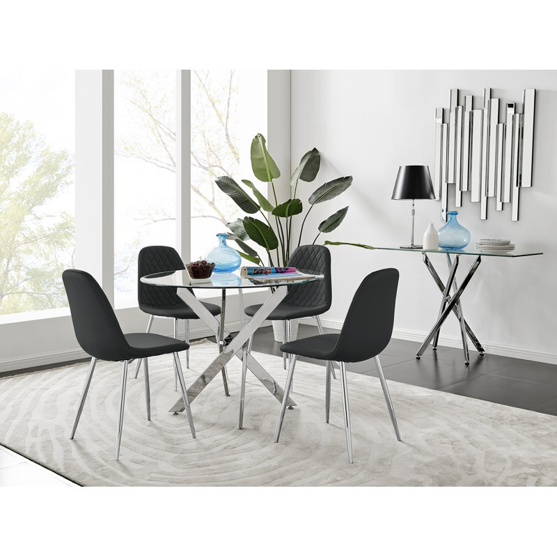 Tierra Modern Chrome Metal & Glass Round Dining Table Set with 4 Luxury Faux Leather Chairs, Black/Silver