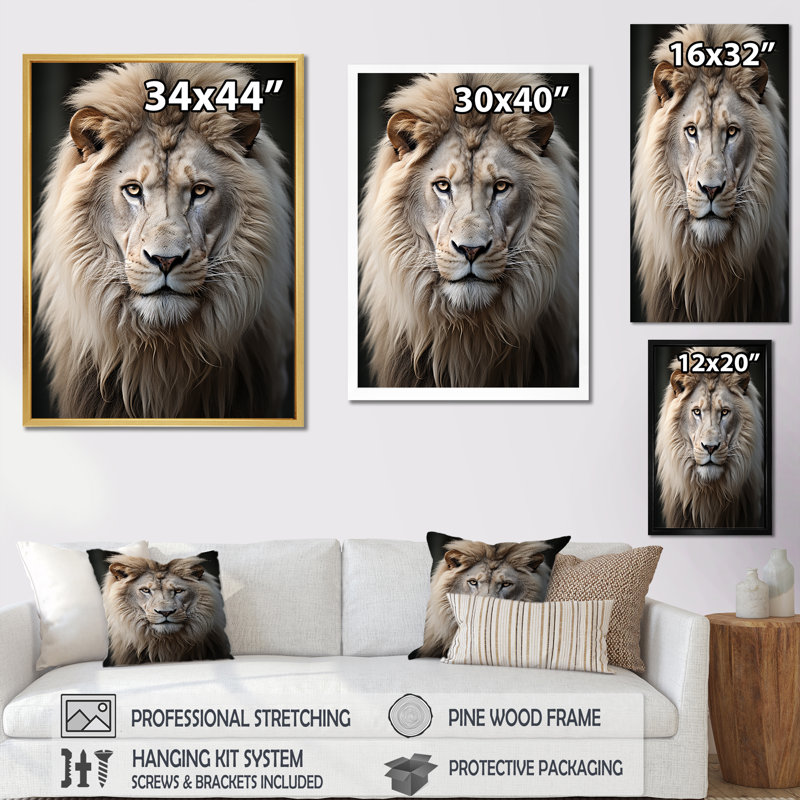 Lions, impression monochrome sur toile, Cadre simple noir, H 40 po x l 30 po x P 1,5 po