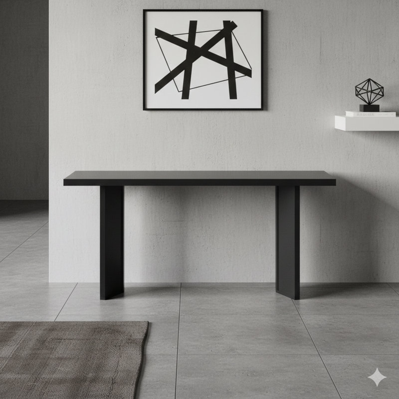 Élégante console avec plateau en placage de pin et pieds géométriques, idéale pour les salons, les bureaux et les salles à manger.