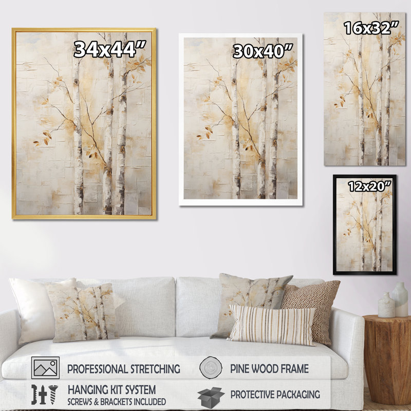 Arbre de minimalisme beige sur fond de bouleau, H 40 po x l 30 po x P 1,5 po, Cadre photo doré simple