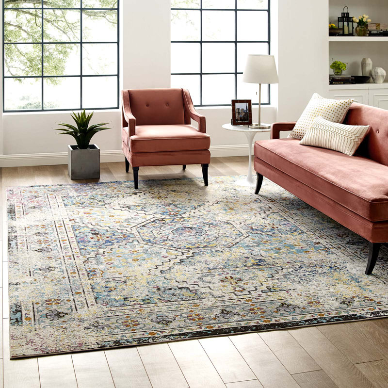 Tapis à motif de médaillons vintage délavé à succès 4 x 6 multicolores par Modway, Rectangle 4 pi x 6 pi
