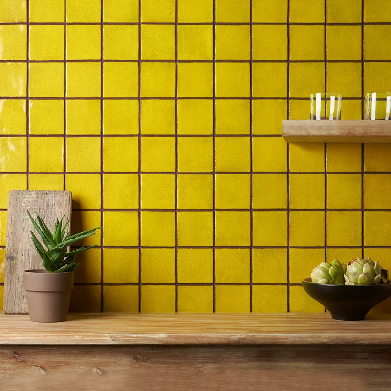 Emery 4x4 Square Handmade Crackled Glossy Terracotta Tile, Yellow