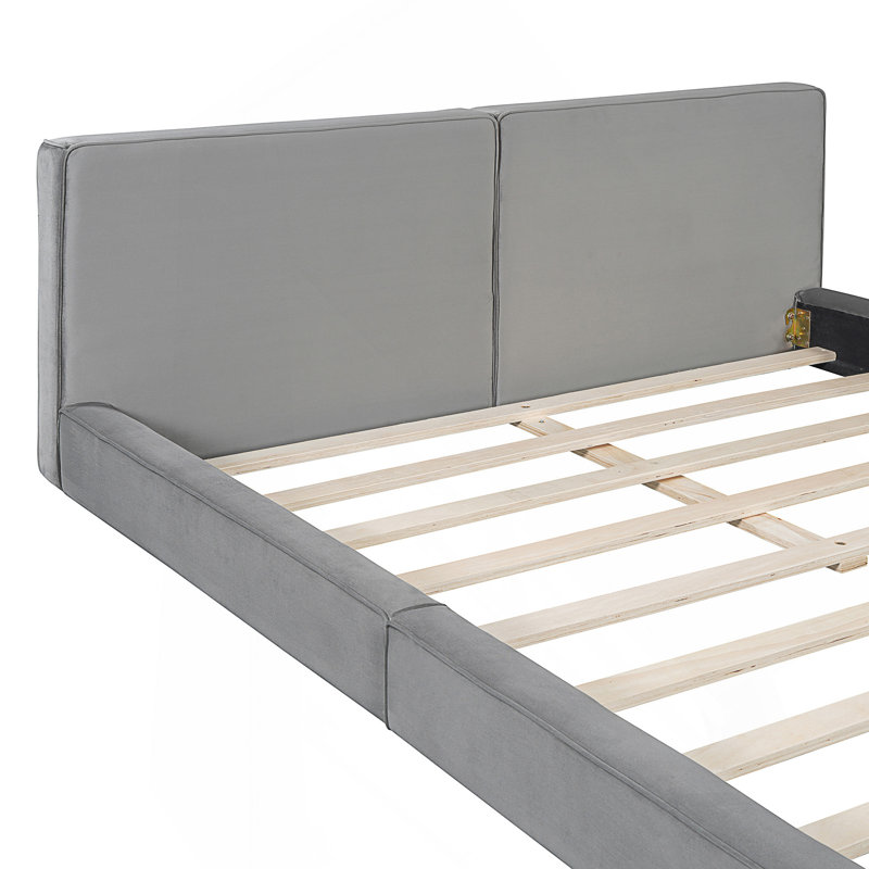 Grand lit plateforme tapissier avec tissu en velours, Gris