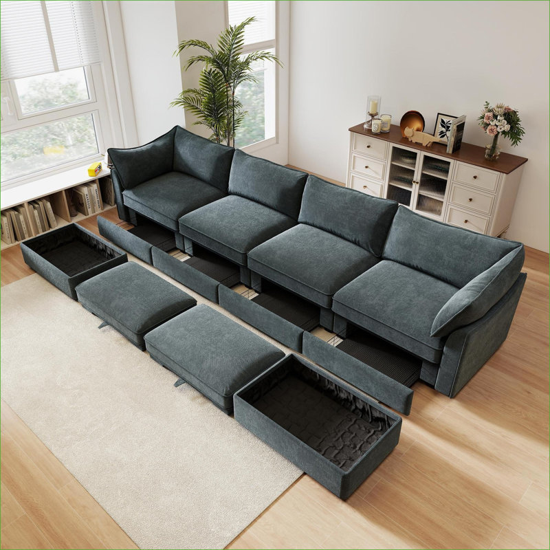 Canapés modulaires | Siège profond moderne en forme de U pour salon, 4 places avec 2 repose-pieds mobiles | Chenille | Gris anthracite