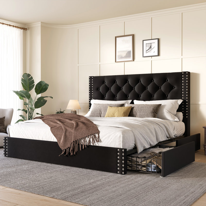 Lit plateforme tapissier avec tiroirs de rangement, Noir, Grand lit