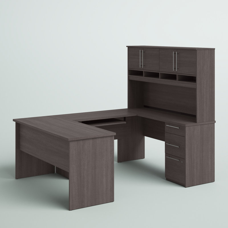 Bureau de direction en U avec huche réversible Tonnele, Écorce gris