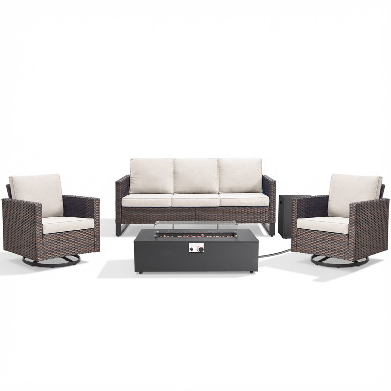Kaelahni 4-Piece All Weather Wicker Patio Conversation Set With Swivel Gliders And Split Fire Pit Table, Beige, Brown