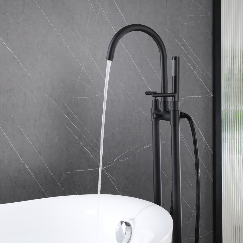 46" H Floor Mounted Bathroom Clawfoot Tub Faucet With Handshower And Rotatable Spout, Matte Black