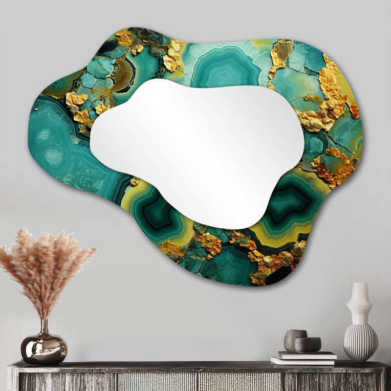 Pierre dorée Amazonite verte - miroir géométrique en nuage de pierre, miroir mural asymétrique vert unique, impression d'art en métal