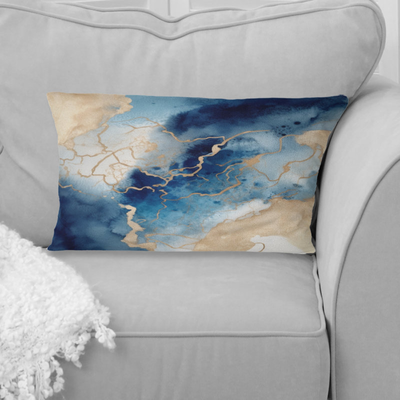 Blue And Gold Marble Clouds VIII - Fractals Printed Throw Pillow