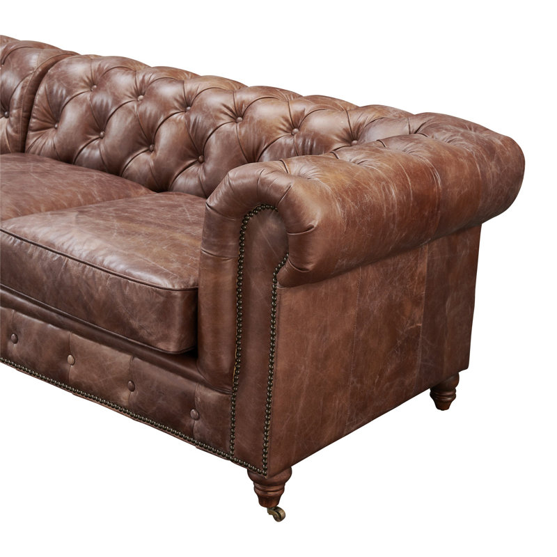 Upholstered 118'' Sofa, Brown Genuine Leather