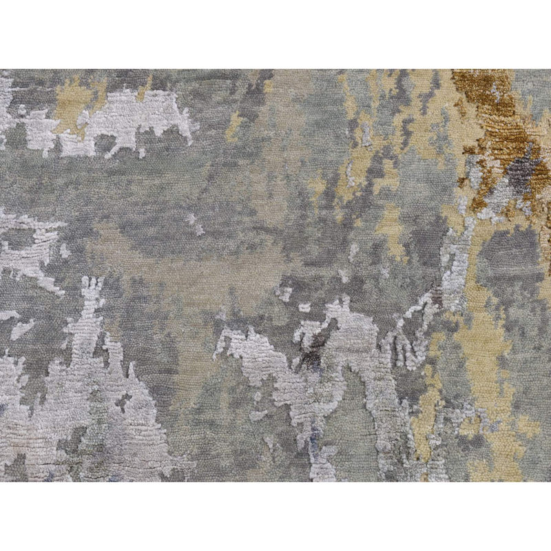 Tapis gris en laine et en soie noué à la main de conception abstraite 3 pi x 5 pi 4DAC9DB96FE64D499C51A0E57C9A0152