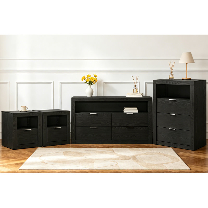 4-Pieces Bedroom Sets, 4 Pcs: 2 Nightstands, Chest, Dressers, Black
