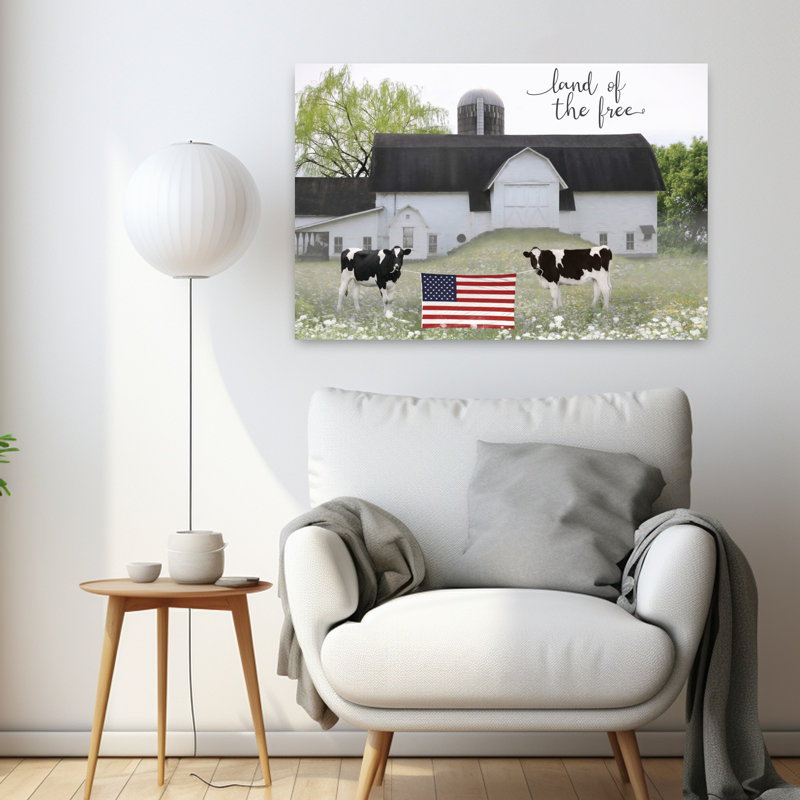 «Land of the Free Cows», fantaisiste, vache contemporaine, paysage d'été, art, H 24 po x l 36 po