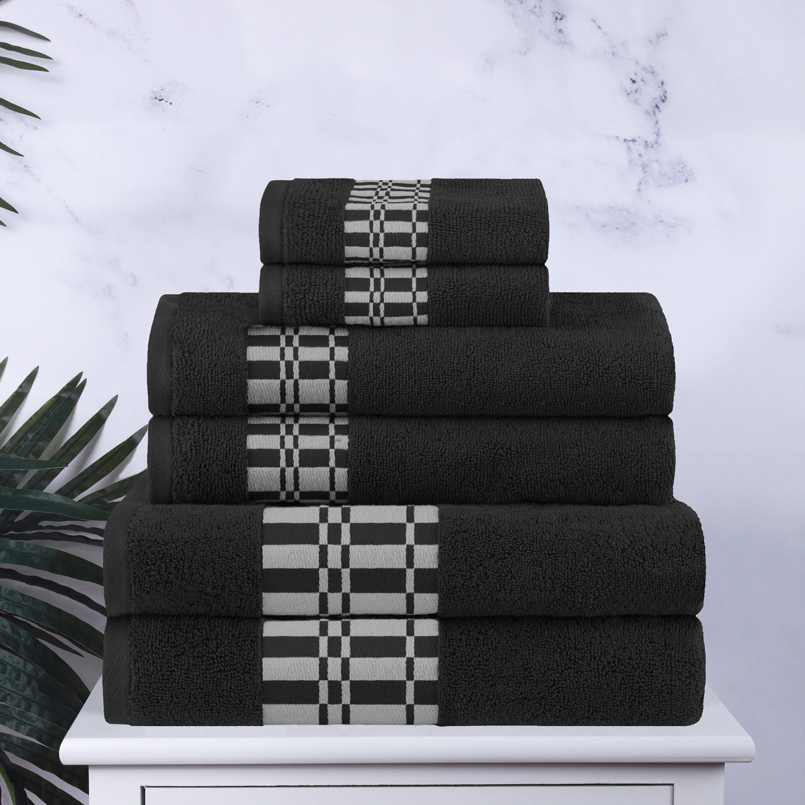 Mikira 6-Piece Geometric Border Towel Set, Black