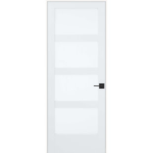 EVELIN 4-Lite Wood and Privacy Glass Primed Prehung Interior Door with Handleset & Installation Kit