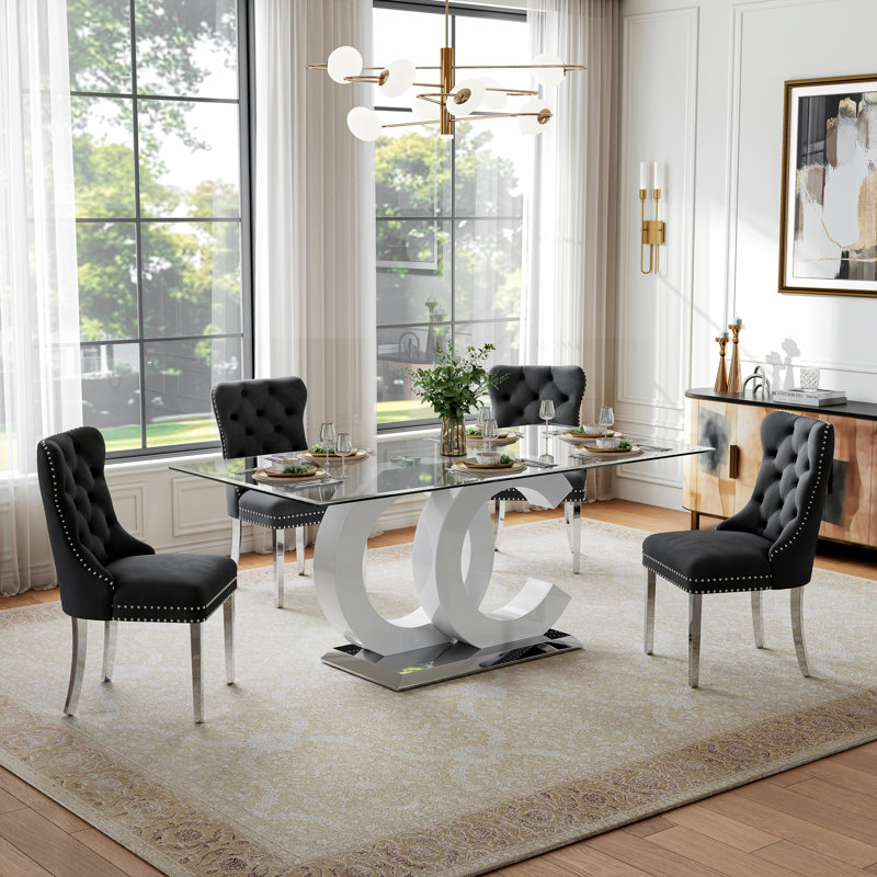 7-Piece Glass Dining Table Set, 70“ Clear Tempered Glass Table with OC-Shaped Base and 6 Tufted Velvet Dining Chairs