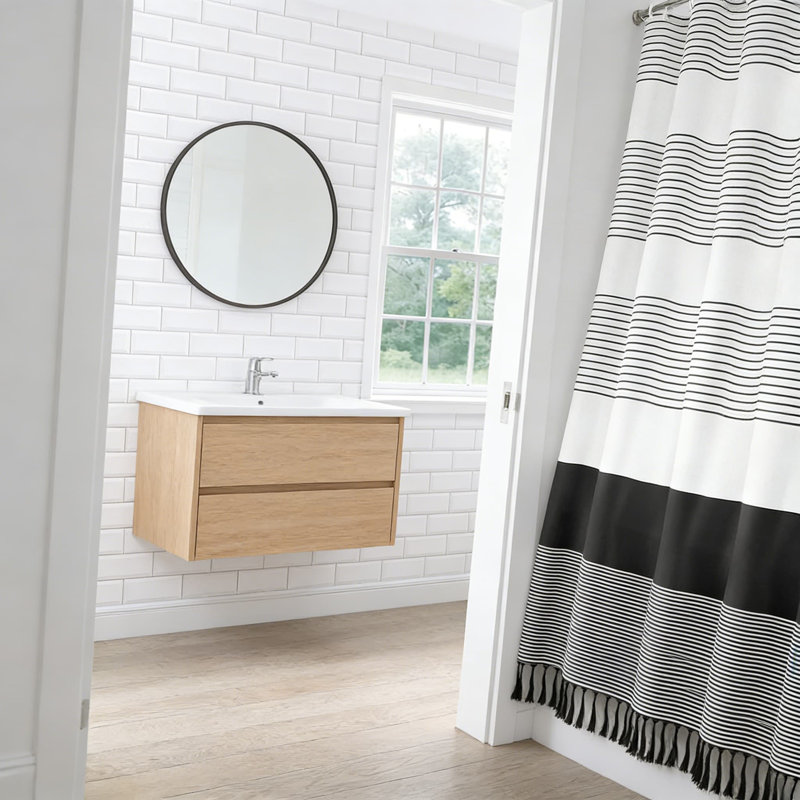 Rideau de douche rayé à pampilles, mélange de coton de qualité supérieure, œillets résistants à la rouille, décoration de salle de bain Boho Farmhouse