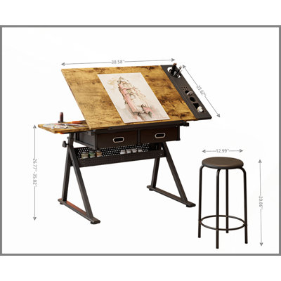 Adjustable Drawing Drafting Table with 2 Drawers and Stool, Ideal for Home Office and School Use, Maple Finish