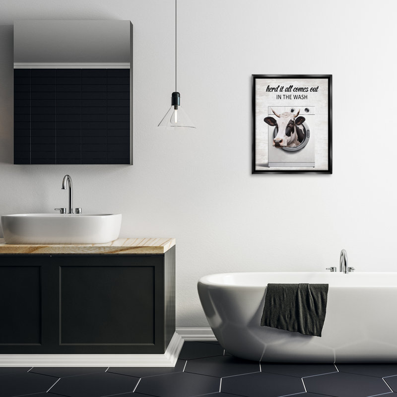 Cow & Washing Machine Floating Frame, design by Lettered and Lined, Jet Black Floater Frame, 21" H x 17" W