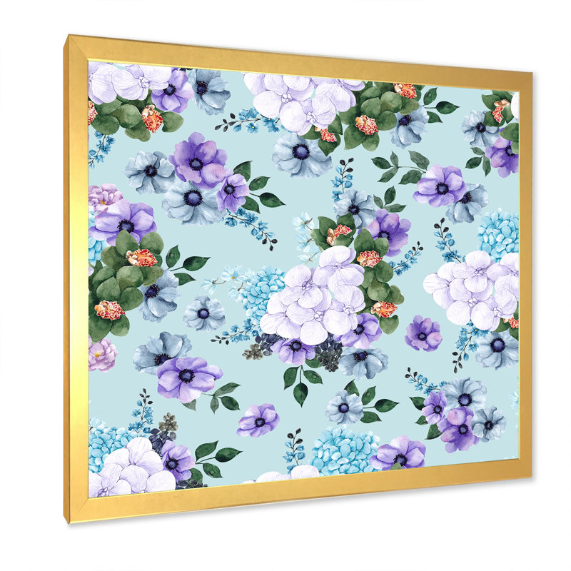 Fleurs blanches et oranges sur bleu clair - peinture sur toile, Cadre doré, H 31,5 po x l 31,5 po
