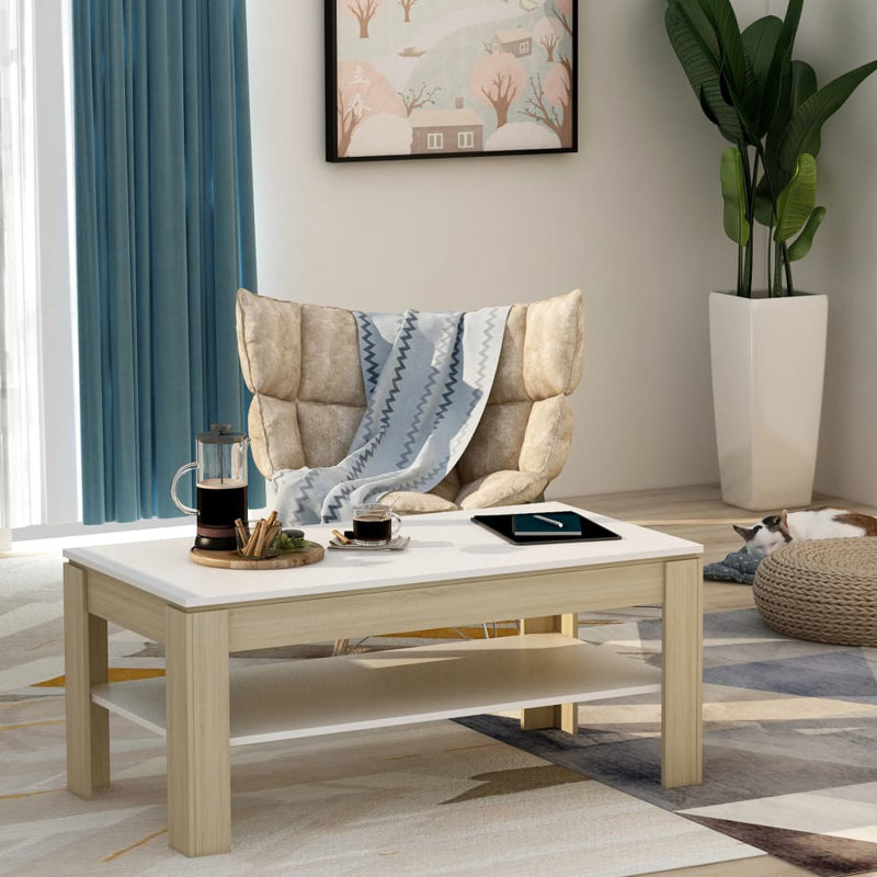 Table basse à quatre pieds en bois manufacturé avec rangement Ardhan, Blanc, Chêne de Sonoma