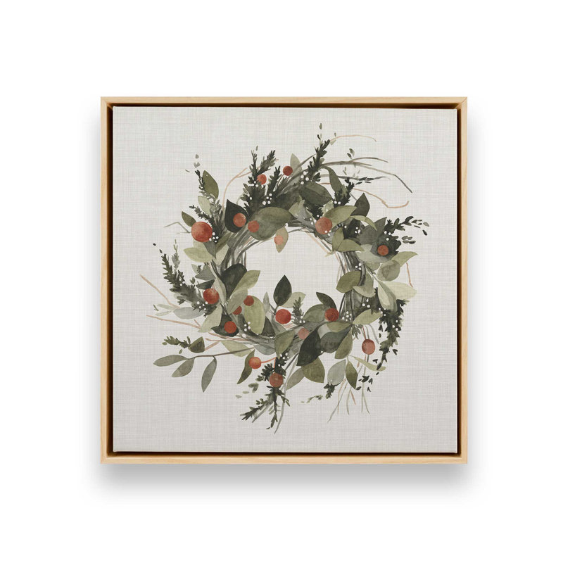 Impression sur toile « Couronne de Noël aux baies II » (40,6 cm x 40,6 cm) dans un cadre blanc, Encadrement brun