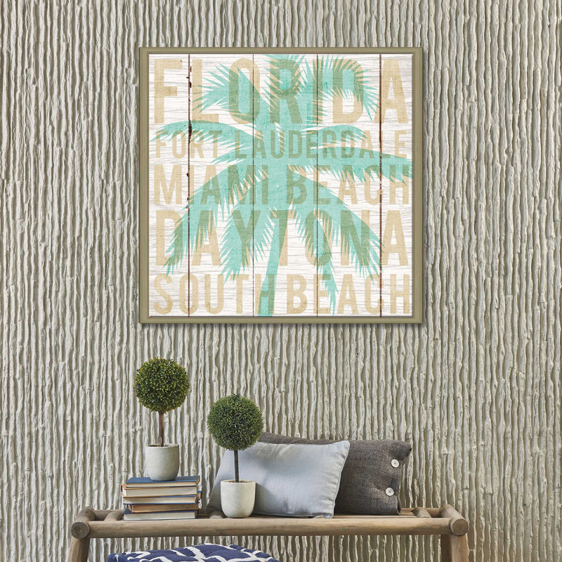 «Bon Voyage Florida Palm», art textuel, H 21,5 po x l 21,5 po x P 2 po, Cadre flottant champagne